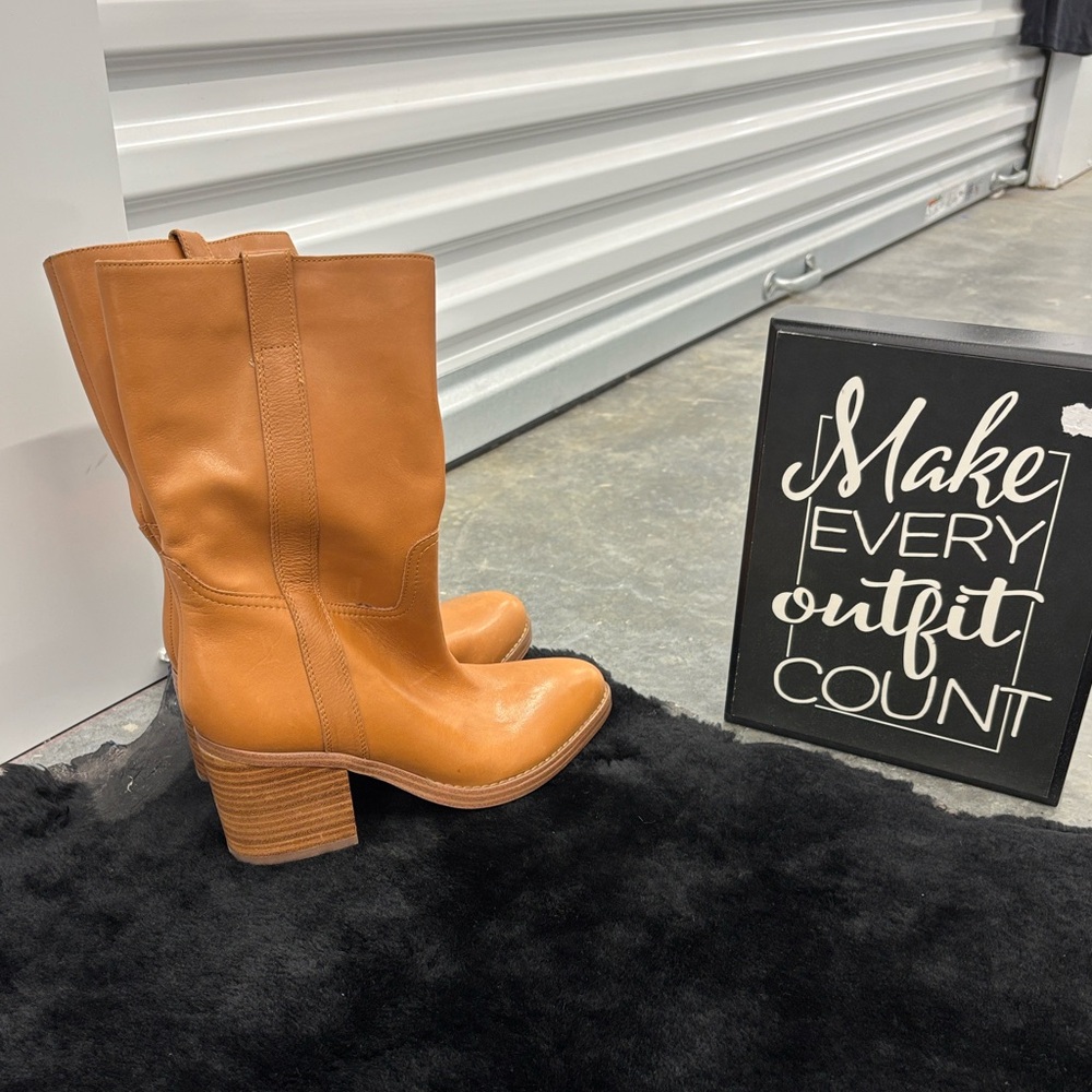 Nine West Tan Leather Mid-Calf Block Heel Boots
